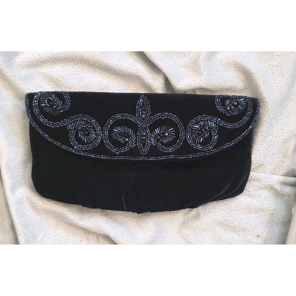 Magid Black Velvet Beaded Evening Clutch Bag Iridescent Embellished Formal